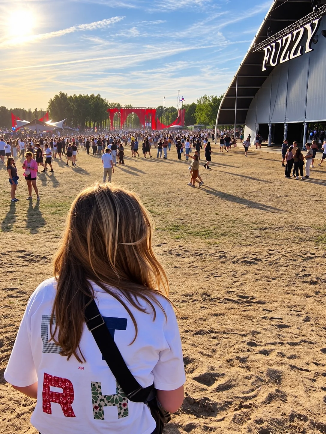 Moppie van achteren op een festival, in een wit T-shirt met kleurrijke patchworkletters