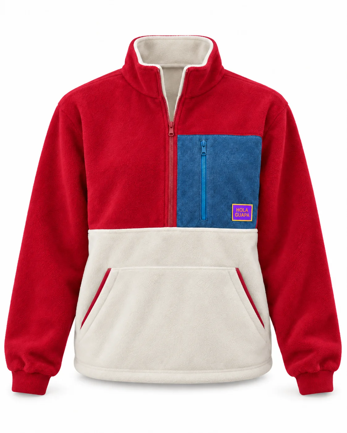 Rode, blauwe en crèmekleurige fleece op een witte achtergrond